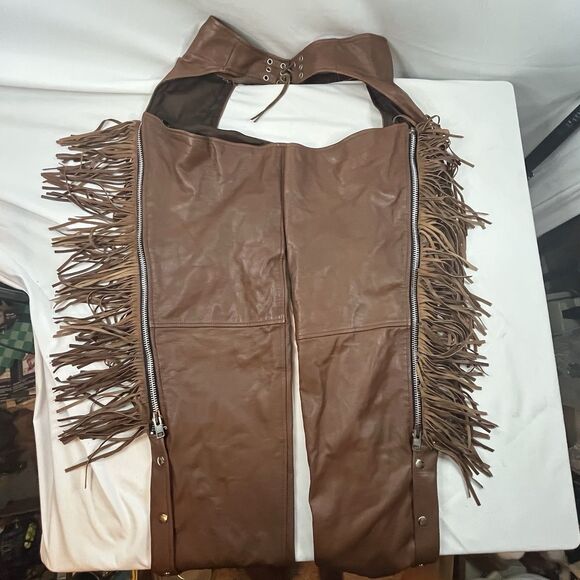 Vintage Sunrider Brown Fringe Beaded Chaps Size XXL Motorcycle Western Leather - Picture 9 of 14